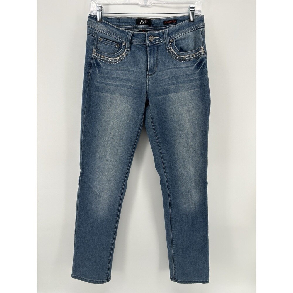 Earl Jeans Women’s Size 6 Straight Leg Rhinestone Lace Denim Jeans